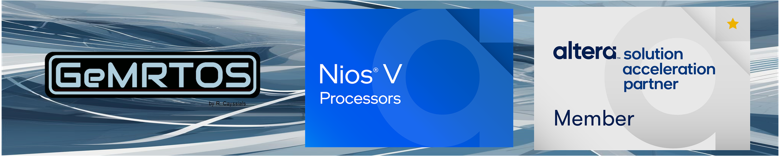 GeMRTOS logo with Nios V processors and Altera Solution Acceleration Partner member badges